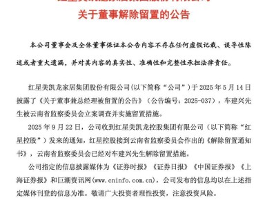 车建兴解除留置!他是红星美凯龙董事,今年5月被立案调查并实施留置